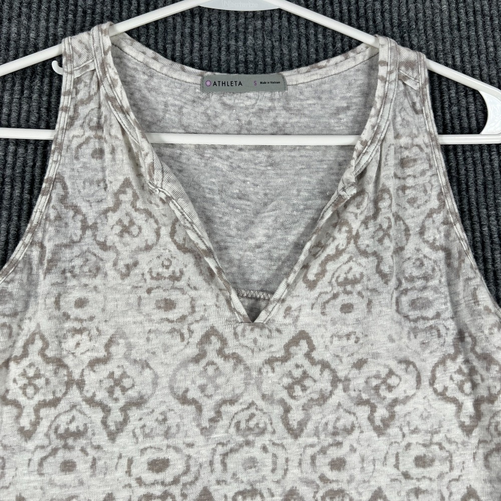 Athleta Shirt Tank Top Womens Small White Geometric Sleeveless 100% Linen